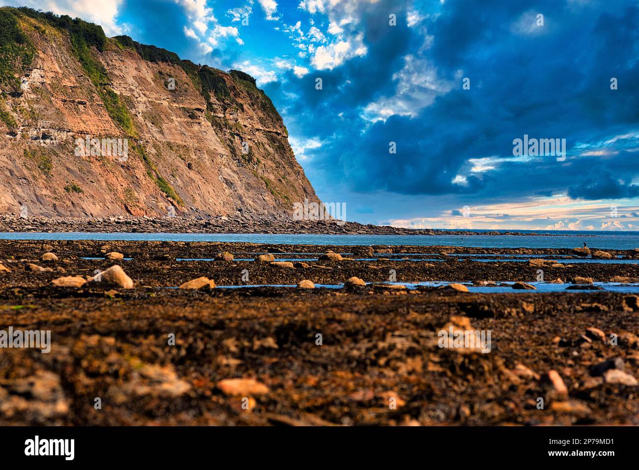 Meeresklippe, dramatischer bewölkter Himmel, Robin Hoods Bay, Whitby, Yorkshire, England, Vereinigtes Königreich Stockfoto