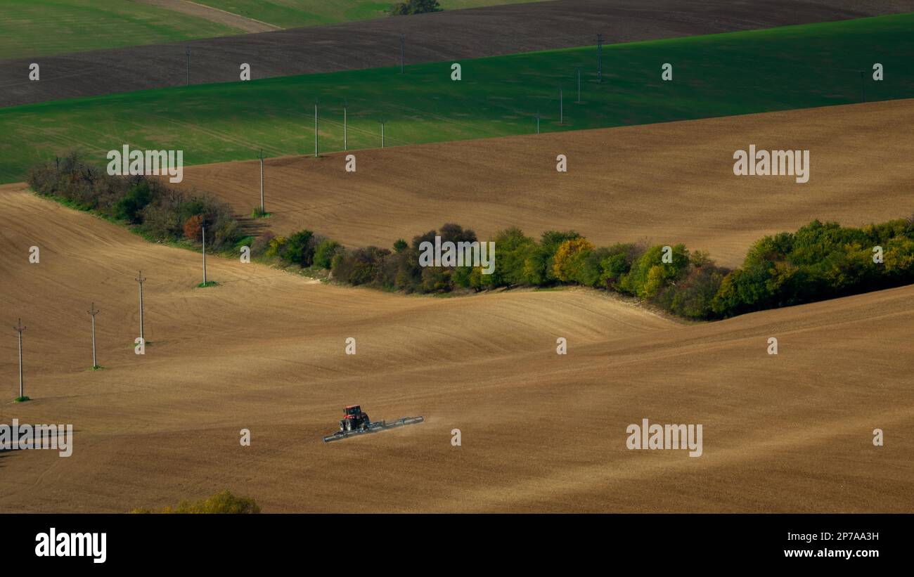Arbeiten mit einem landwirtschaftlichen Traktor auf mährischen Feldern. Tschechische Republik, Mähren, Tschechische Republik, Europa Stockfoto