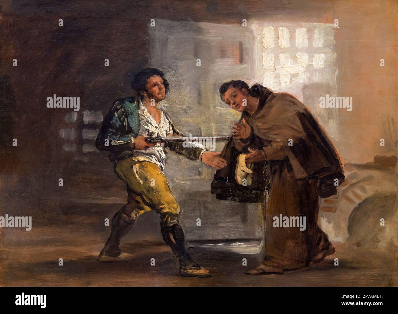 Friar Pedro bietet El Maragato Schuhe an und bereitet sich darauf vor, seine Waffe beiseite zu schieben, Francisco Goya, circa 1806, Art Institute of Chicago, Chicago, Illinois, U Stockfoto