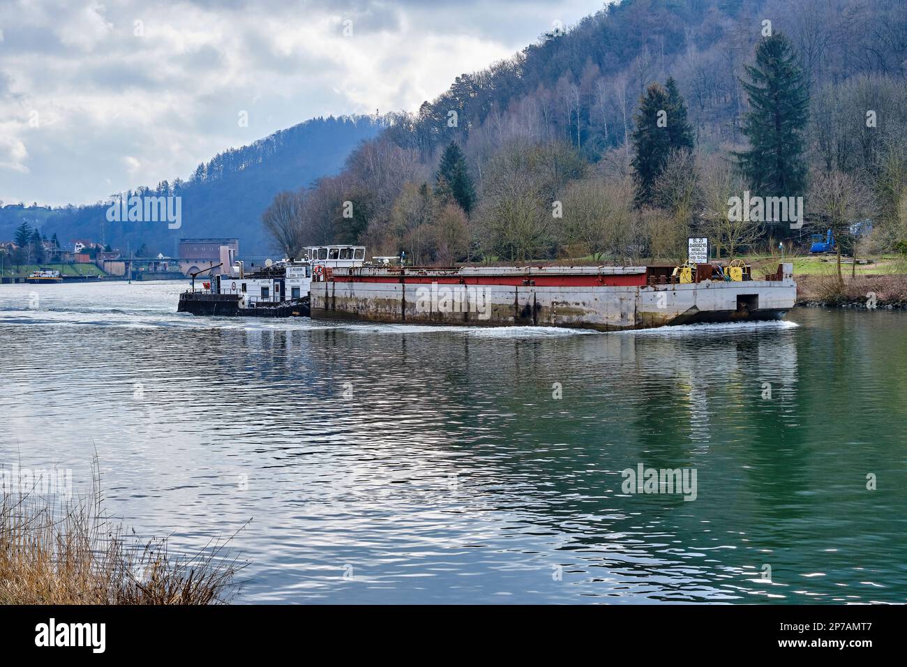 Das Schnellboot „Anhaltina“ fährt den Neckar entlang, Neckarsteinach, Hessen, Deutschland. Stockfoto