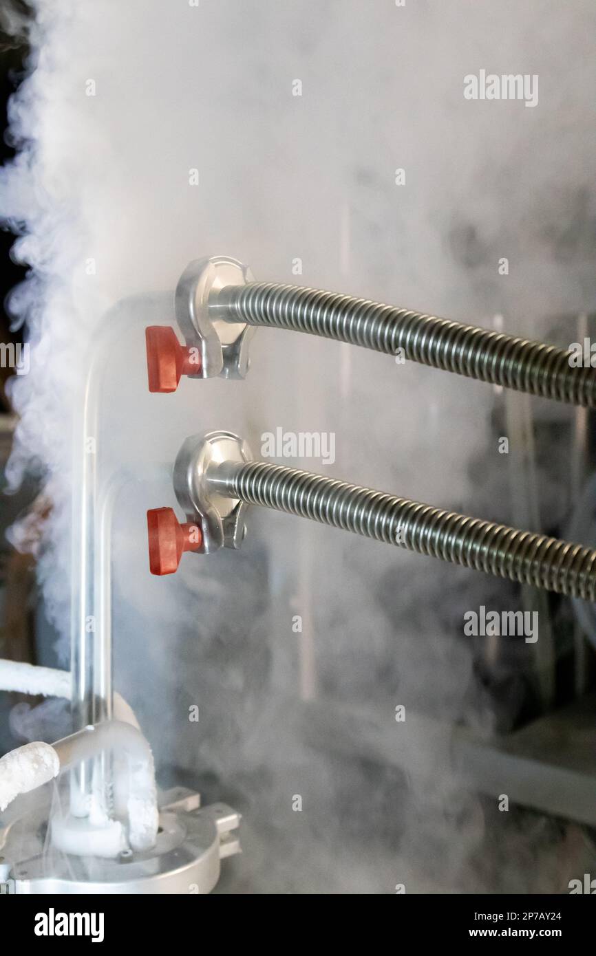 Flüssiges Stickstoffgas, das aus einem unter Druck stehenden Tank austritt und mit Metallrohren und roten Handventilen verbunden ist. Stockfoto