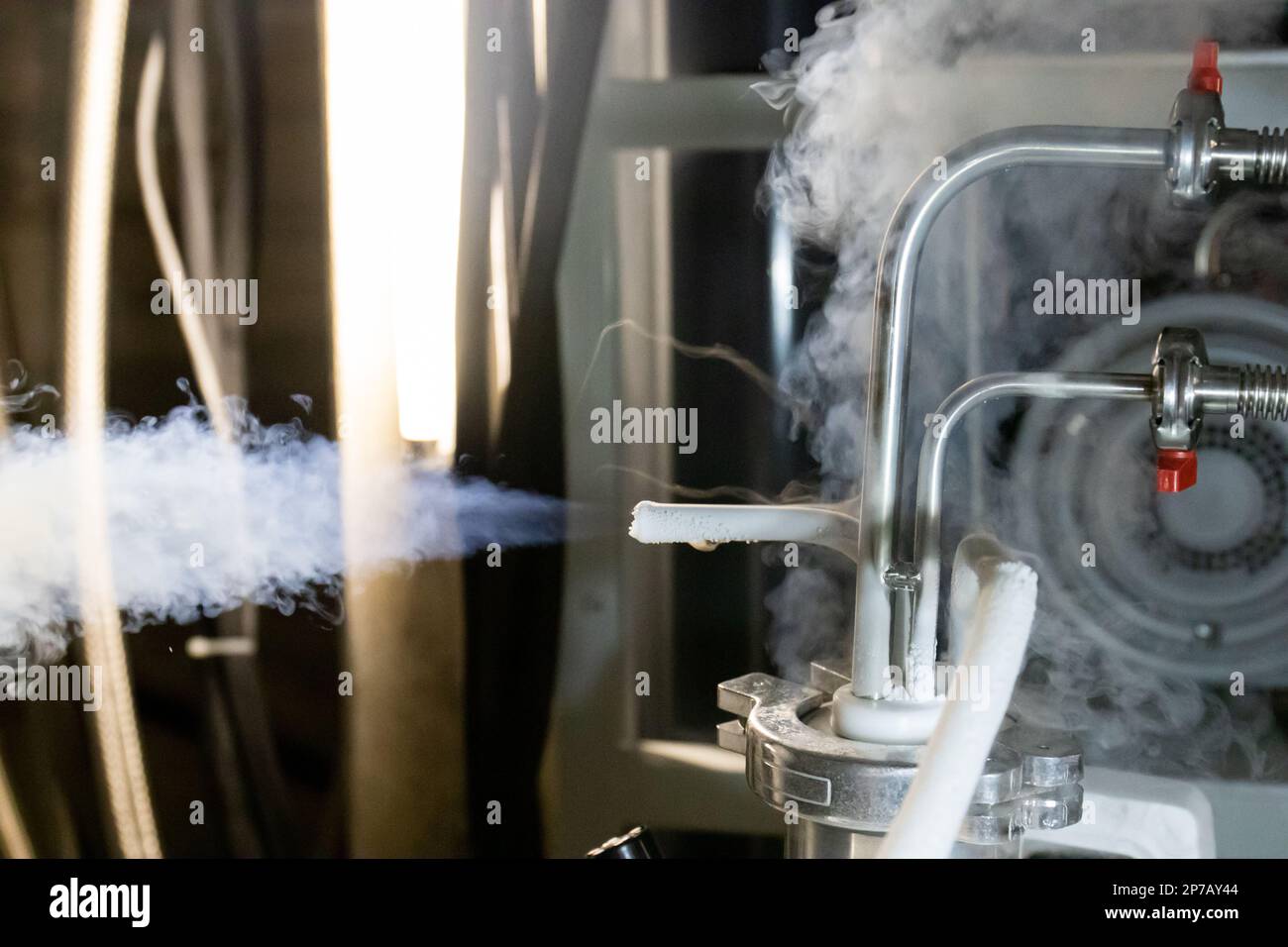 Flüssiges Stickstoffgas, das aus dem unter Druck stehenden Tank austritt, Thermogummischlauch, der mit Metallrohren und roten Handventilen verbunden ist. Stockfoto