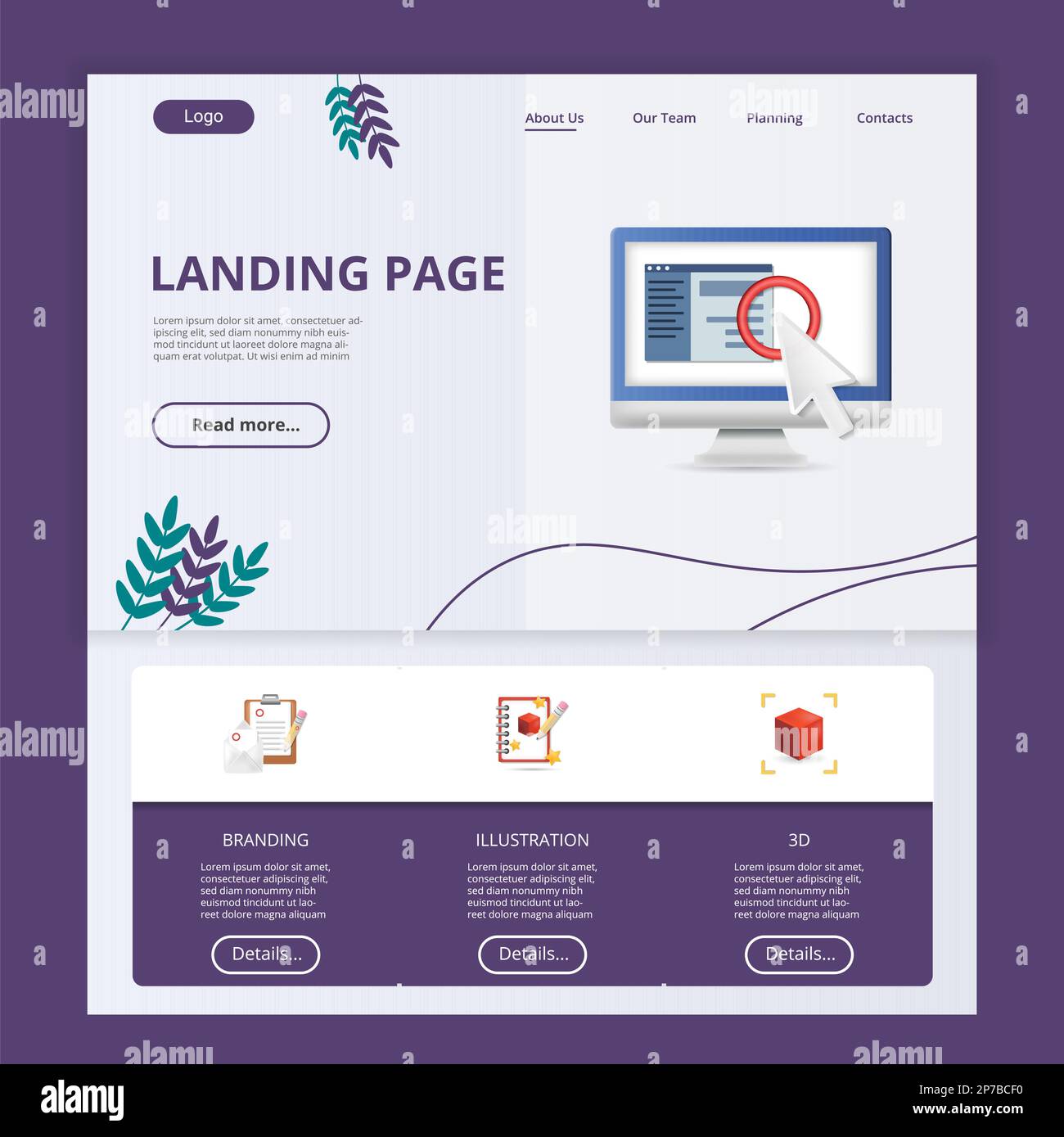Vorlage für Landing-Page-Landing-Page-Website. Branding, Illustration, 3D. Webbanner mit Header, Content und Footer. Vektordarstellung. Stock Vektor