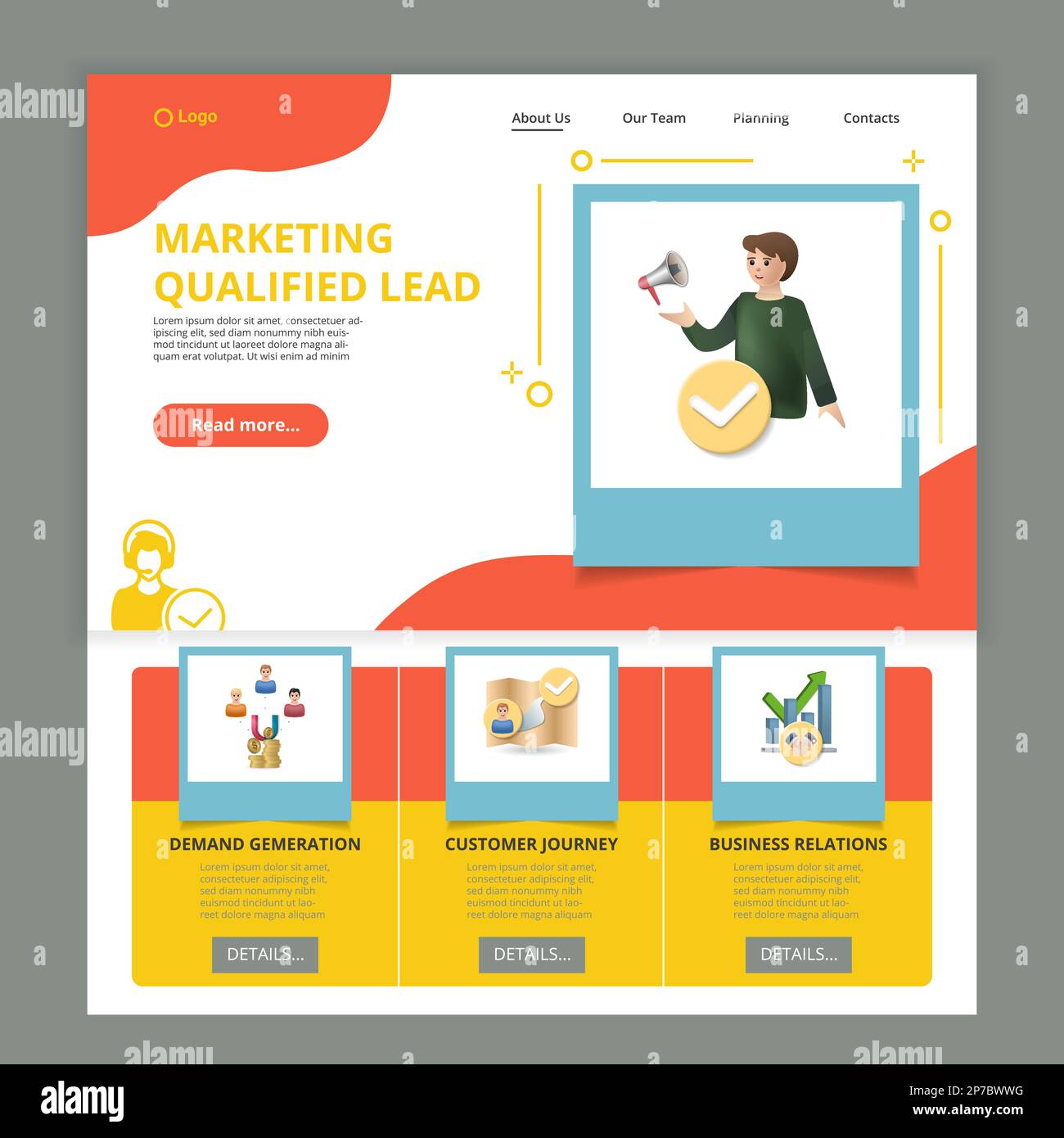 Flache Landing-Page-Website-Vorlage für qualifizierte Marketing-Leads. Nachfragesteigerung, Customer Journey, Geschäftsbeziehungen. Webbanner mit Header, Inhalt Stock Vektor