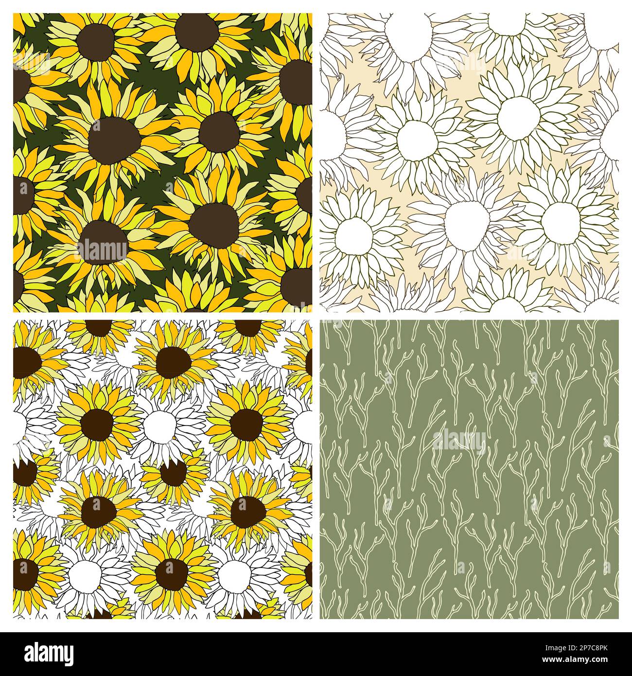 Sonnenblumenkopf mit nahtlosem Muster für Textilien oder Oberflächen. Vektorhintergrund Stock Vektor