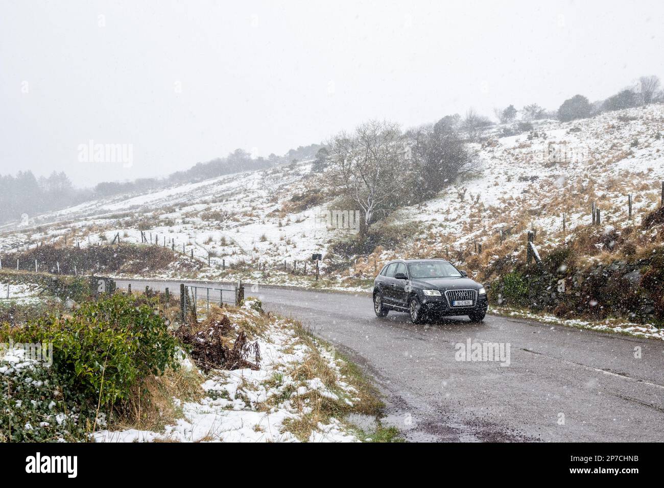 Gougane Barra, West Cork, Irland. 8. März 2023. Teile von West Cork sind heute mit starkem Schnee bedeckt, und Schneeschauern werden den Rest des Tages voraussichtlich anhalten. Met Eireann hat eine gelbe Schnee- und Eiswetterwarnung für morgen herausgegeben. Kredit: AG News/Alamy Live News Stockfoto
