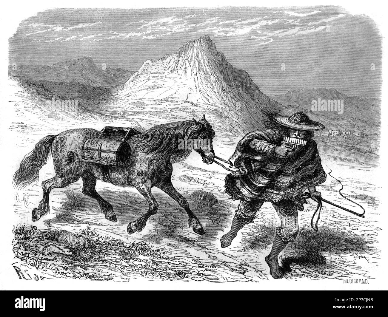 Peruanische Pferdepost, Post Rider, Postrider, Mail, Mailman oder Postman. Post-Delivery von Native Quechua man, Indigenus People of South America, insbesondere Peru und Bolivien. Klassische oder historische Gravur oder Illustration 1862 Peru 1862 Stockfoto