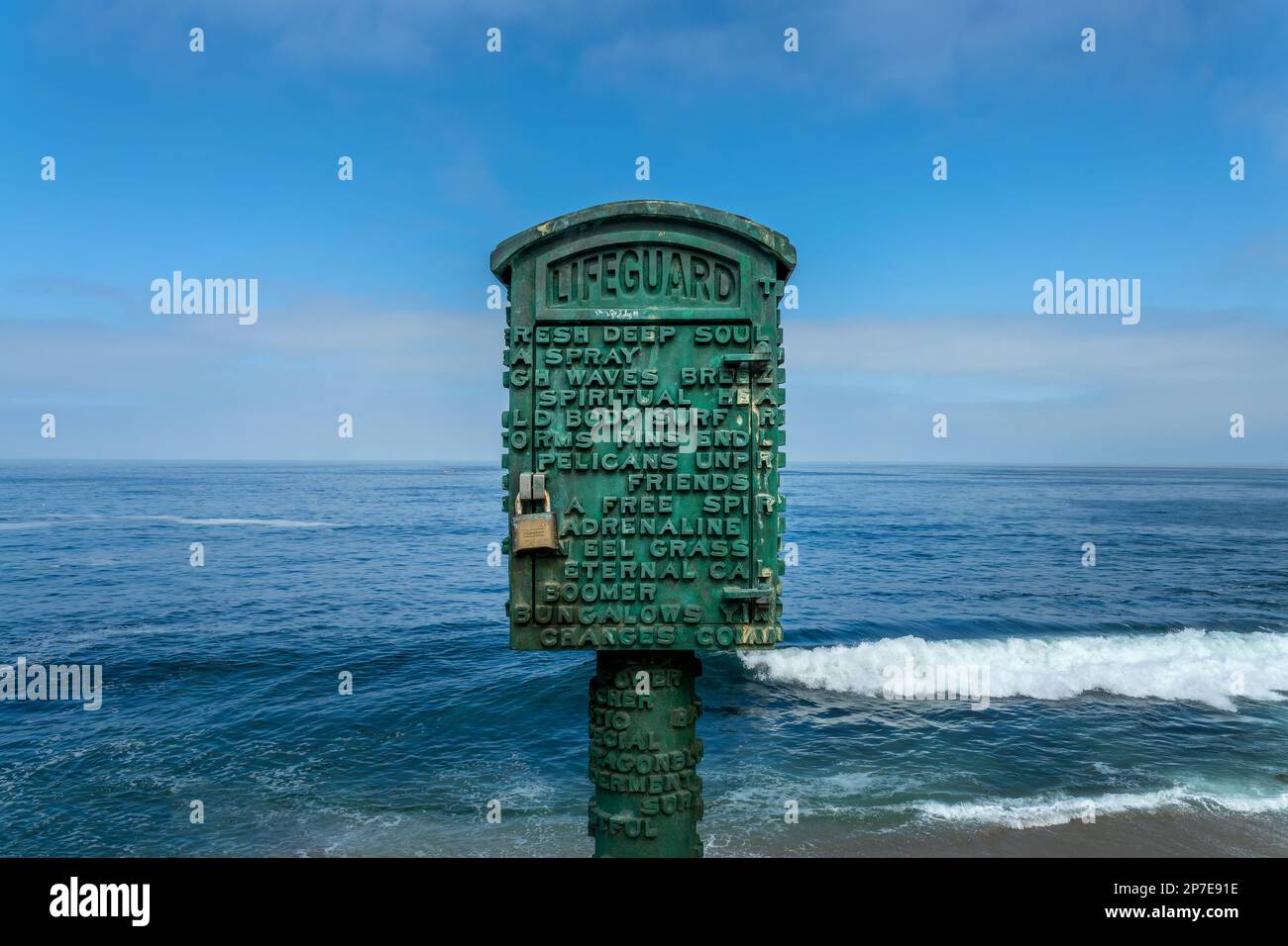 Rettungsschwimmer-Box am La Jolla Cove, San Diego, Kalifornien Stockfoto