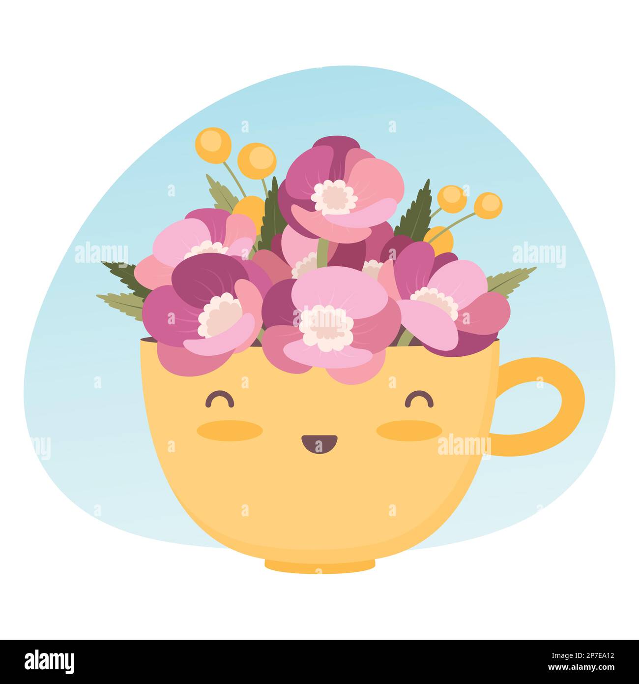 Süßer gelber Becher mit rosa Blumen. Cartoon-Figur im flachen Stil. Schöne Illustration für die Grußkarte zum Muttertag oder Geburtstag. Ein glücklicher Stock Vektor