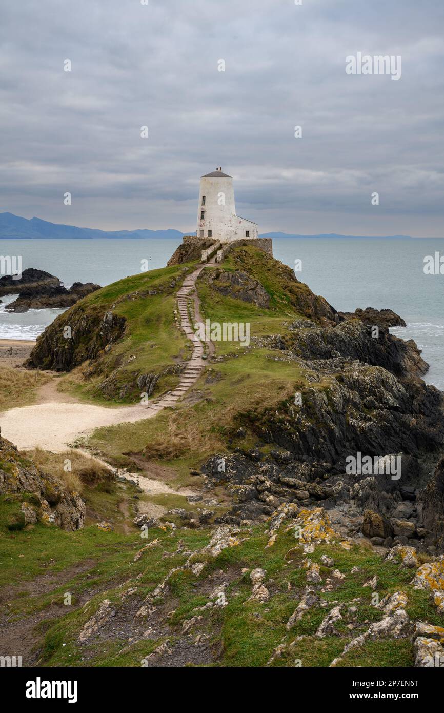 Der Leuchtturm auf der Insel Angelsey Stockfoto