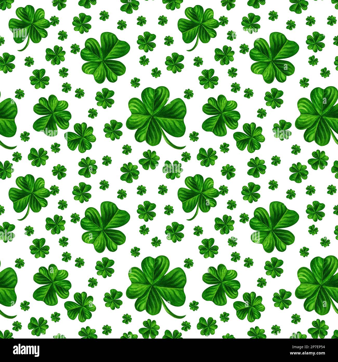 Aquarell, handgezeichnet, vierblättriges Kleeblatt, nahtloses Muster für St. Patricks Tag für Viel Glück. Element auf weißem Hintergrund isoliert Stockfoto