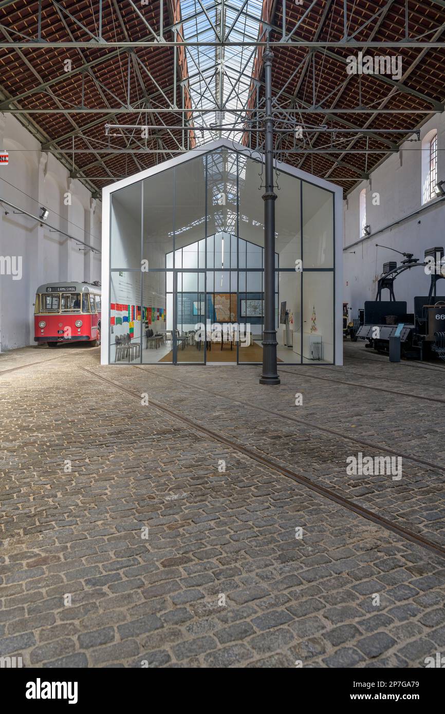 Porto Tramcar Museum - Museu do Carro Eléctrico. Ein altes Elektrizitätswerk mit einem Museum, das der Geschichte der Straßenbahnen in Porto gewidmet ist. Stockfoto