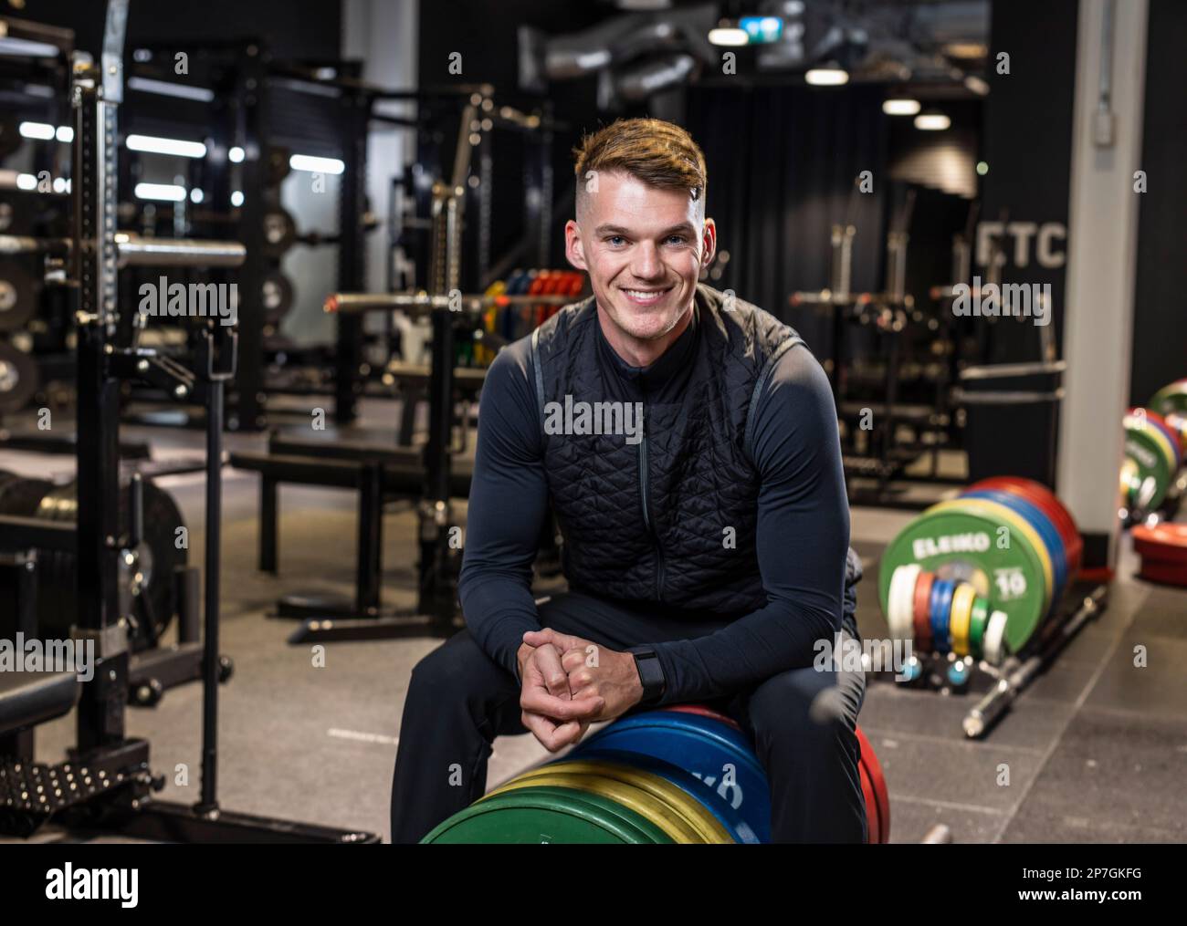Ben Francis, Gründer von Gymshark. Er ist im Fitnessstudio des Unternehmens in der Hauptniederlassung in Solihull, West Midlands, Großbritannien. Stockfoto
