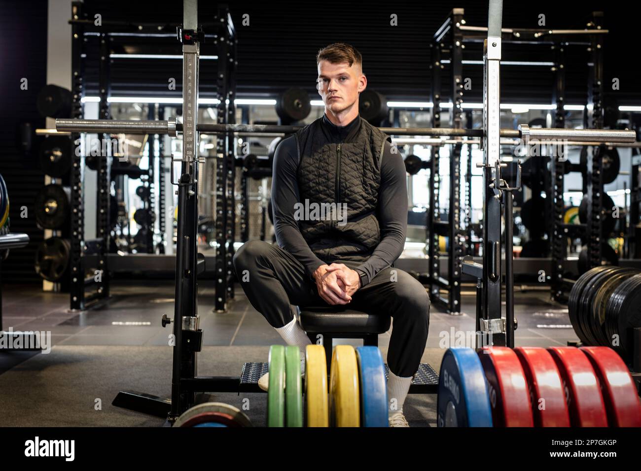 Ben Francis, Gründer von Gymshark. Er ist im Fitnessstudio des Unternehmens in der Hauptniederlassung in Solihull, West Midlands, Großbritannien. Stockfoto