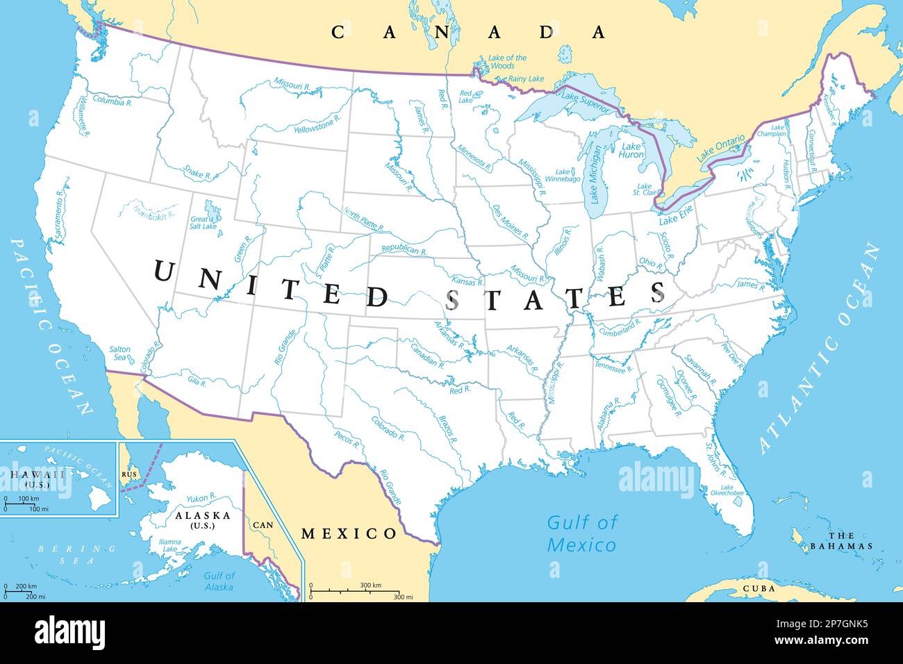 USA, Flüsse und Seen, politische Karte. Die wichtigsten Stämme der längsten Flüsse und die größten Seen der Vereinigten Staaten von Amerika. Stockfoto