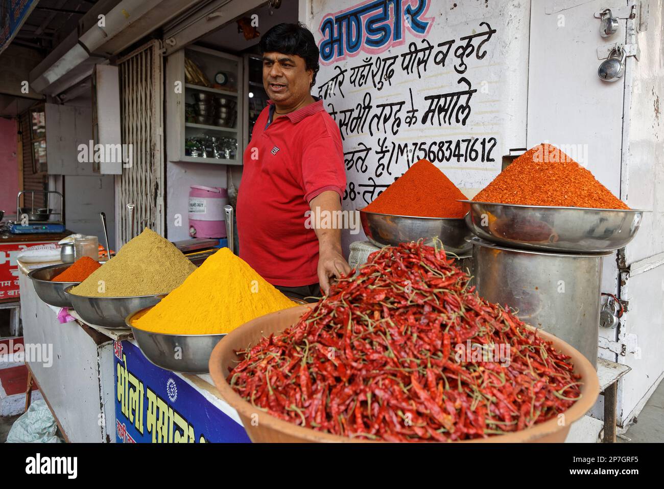 UDAIPUR, INDIEN, 5. November 2017 : Gewürze in einem Laden des traditionellen Marktes in Udaipur, Rajasthan. Stockfoto