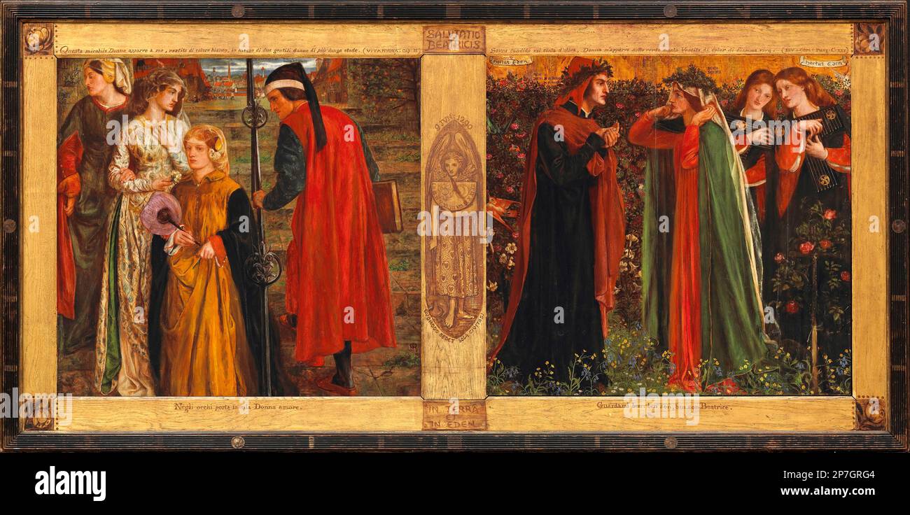 Salutation von Beatrice von Gabriel Dante Rossetti (1828-1882), Öl und Blattgold auf Weichholz in einem Rahmen montiert, der vom Künstler 1859-63 entworfen und gemalt wurde Stockfoto