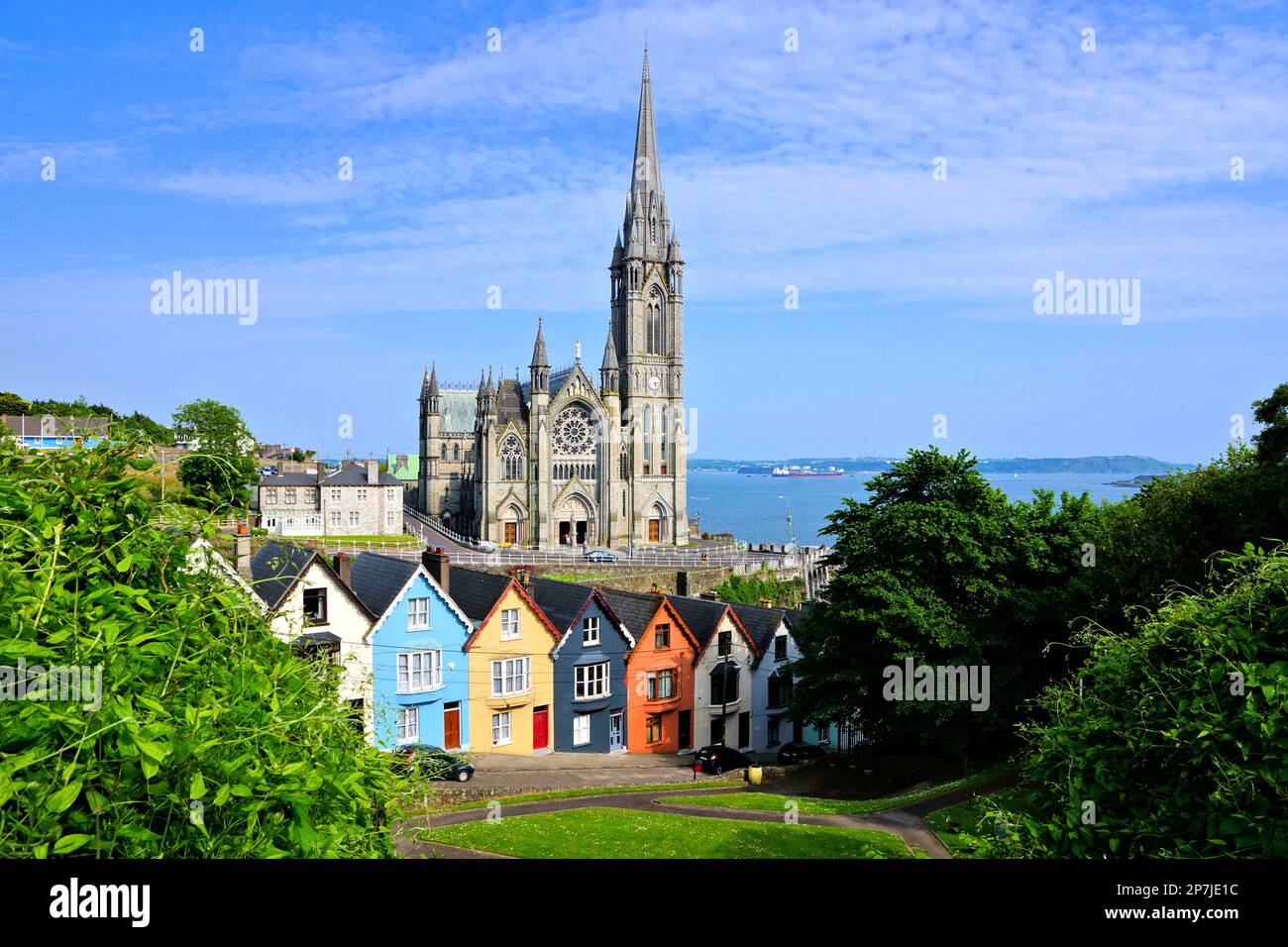 Farbenfrohe Reihenhäuser mit majestätischer Kathedrale im Hintergrund in der Hafenstadt Cobh, County Cork, Irland Stockfoto