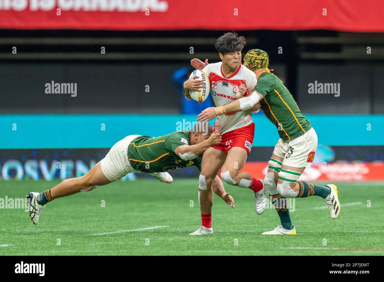 Vancouver, Kanada. 5. März 2023. Yu Okudaira aus Japan (C) hat an Tag 3 gegen spanische Verteidiger gekämpft – HSBC Canada Sevens 2023 gegen Südafrika AT Stockfoto