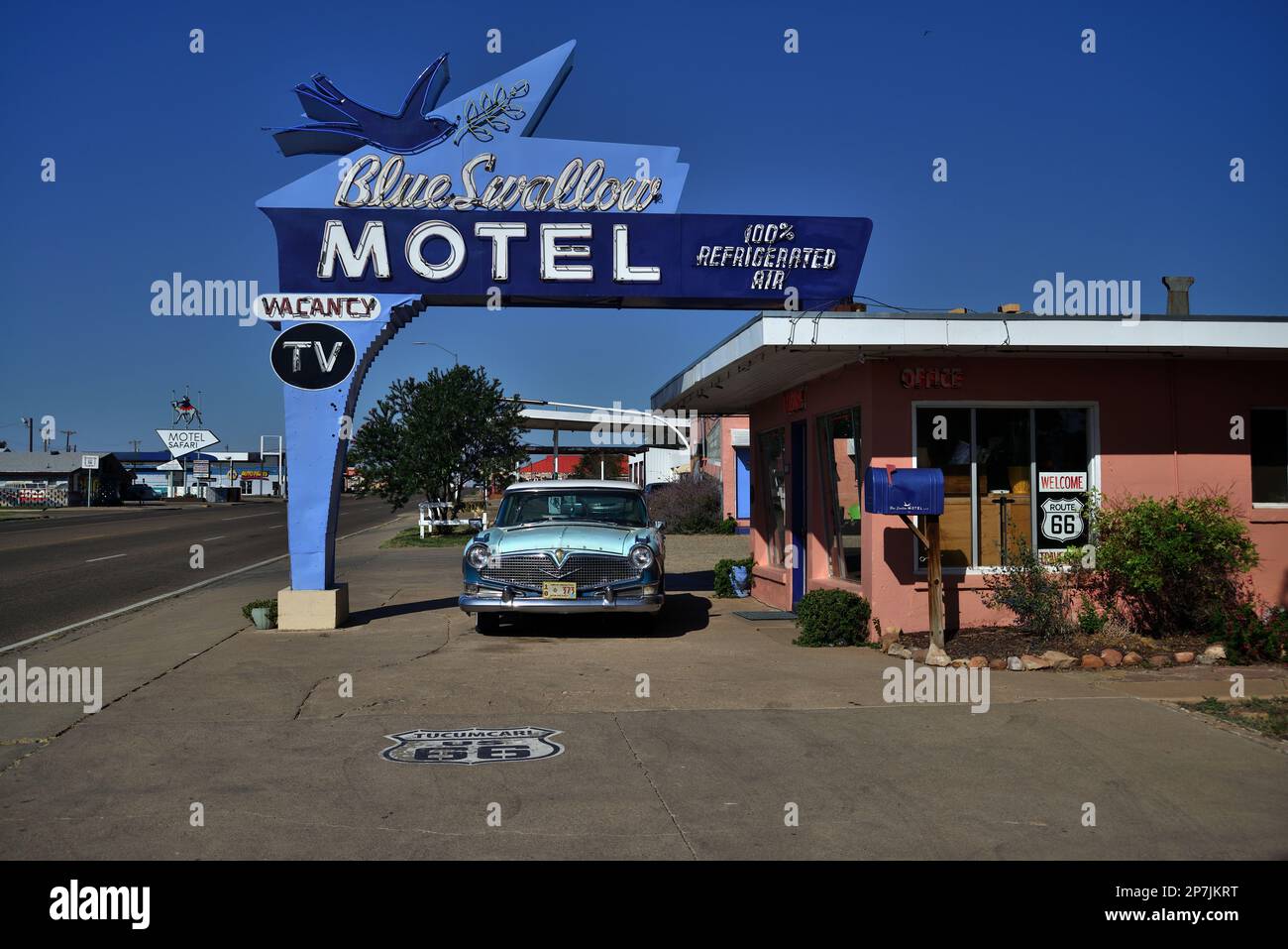 Blaue Schwalbe Motel Route 66 Stockfoto