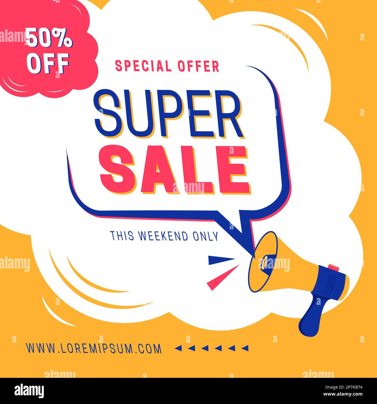 Bannervorlage für Super Sale mit einem Megafon für Werbeaktionen in den Medien und Werbeaktionen in sozialen Medien Stock Vektor