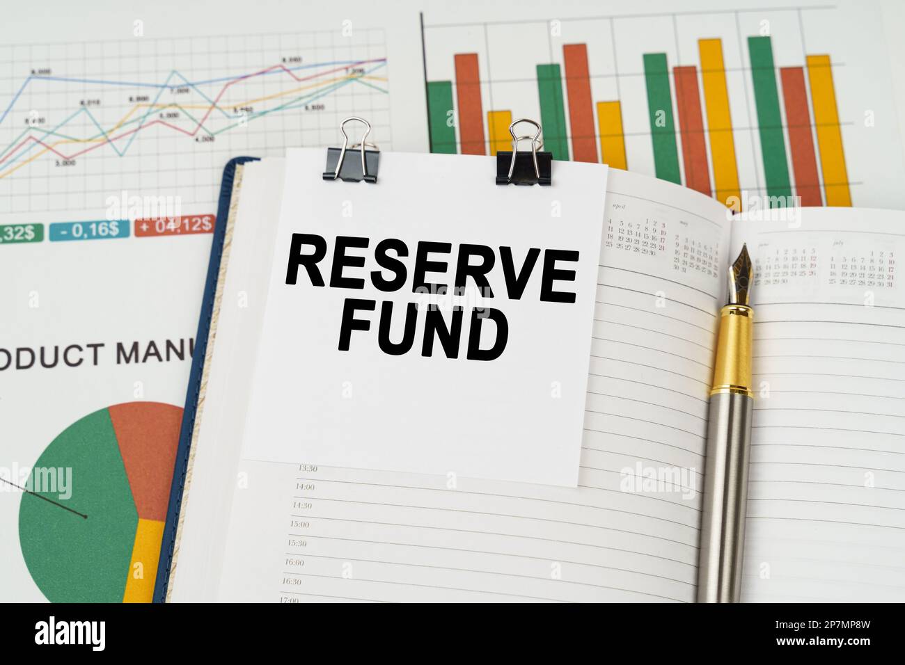 Geschäftskonzept. Auf den Geschäftsplänen liegt ein Stift, ein Notizblock mit Notizzettel mit der Aufschrift "Reserve Fund" Stockfoto