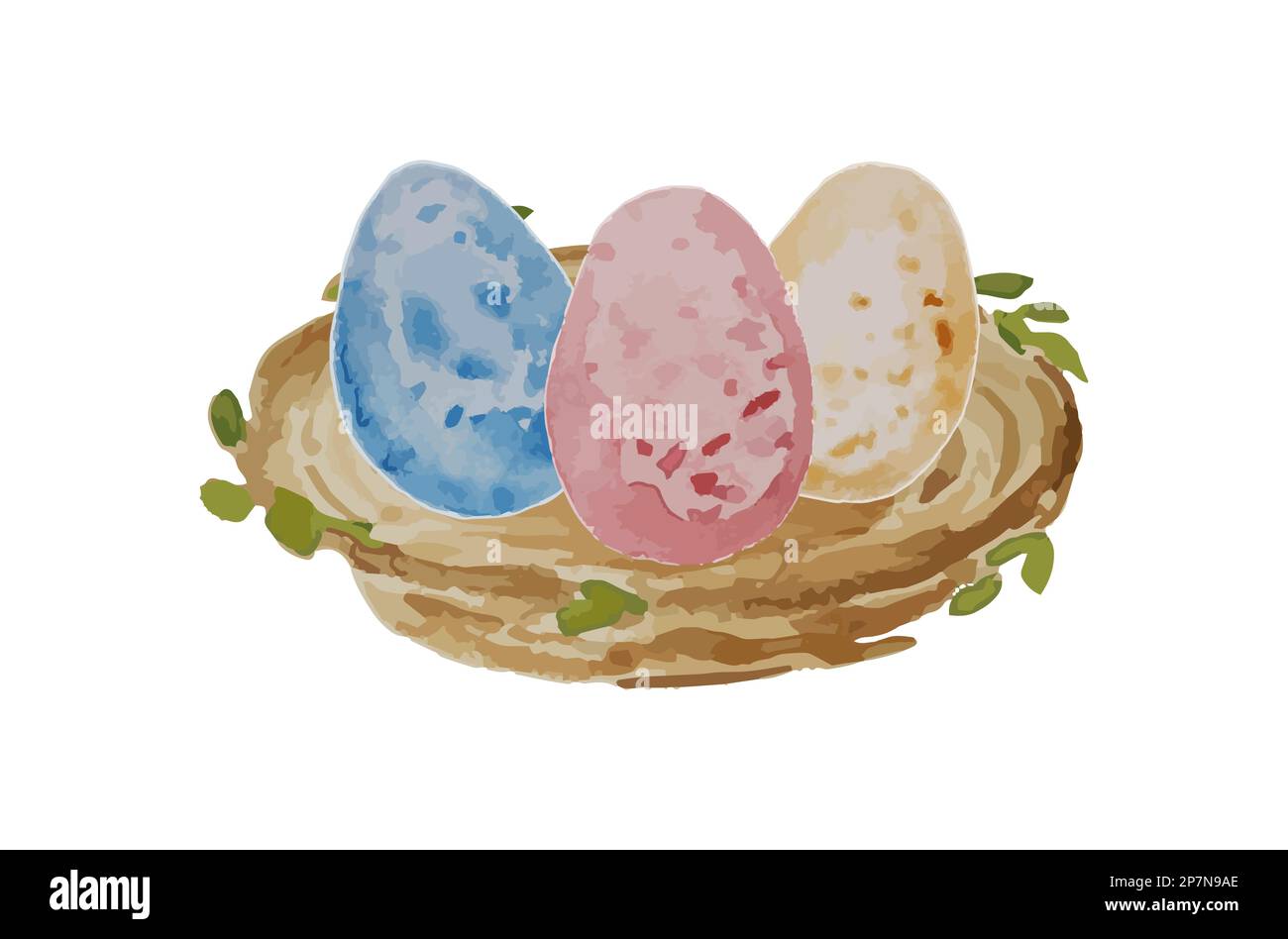 Aquarellnest mit farbigen Eiern. Vorlage für Banner, Poster, Verpackung, Postkarte, Webdesign. Handgezeichnete Vektordarstellung. Stock Vektor
