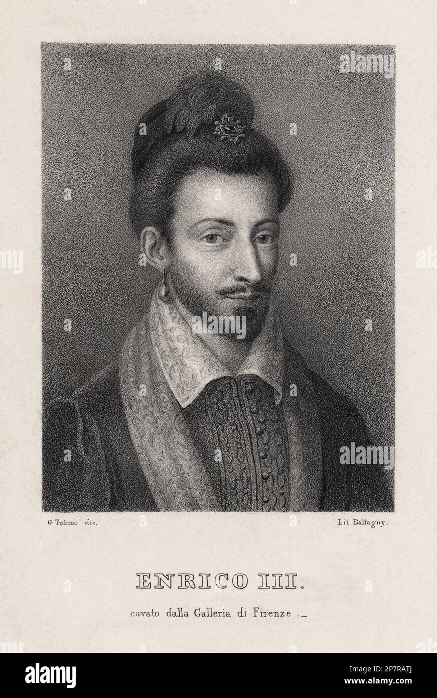 Der König von Frankreich HENRI III ( 1551 - 1589 ), geboren Alexandre-Edouard, war vom 30. Mai 1574 bis zu seinem Tod Mitglied des Hauses Valois, König von Frankreich. Er war auch kurz König des polnisch-litauischen Commonwealth (1573-1574) und ist bei polnischen Historikern als Henryk Walezy ( Henri von Valois ) bekannt . Porträtgravierung , XIX. Jahrhundert , Von G. Tubino - FRANCIA - ROYALTY - VALOIS ANGOULEME Adling - Reali - Re - nobilta' - GAY - Portrait - ritratto - omosessuale - homosexuell - Homosexualität - omosessualità - PORTRAIT - RITRATTO - hat - cappello - ENRICO III - HENRY III - Feathers - Piume - Stockfoto