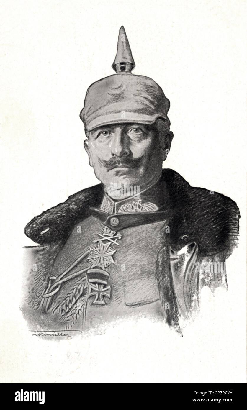 1914 : Kaiser WILHELM II ( Guglielmo II ) HOHENZOLLERN , König von Preußen , Kaiser von Deutschland ( Potsdam 1859 - Doopr , Holland 1941 ) , Enkel der Königin Victoria von England . WWI-Postkarte , Potsdam - REALI - ADEL - Nobiltà - medaglie - Medaglia - Medaglia - Militäruniform - Divisa militare - Elmetto - Helmett - Halsband - colletto - BELLE EPOQUE - Baffi - Schnurrbart - PRIMA GUERRA MONDIALE - großer Krieg - erster Weltkrieg --- Archivio GBB Stockfoto