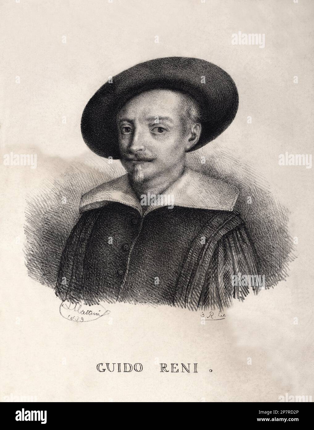 Der italienische Maler GUIDO RENI ( Bologna 1575 - 1642 ) . Eingraviertes Porträt von Mattina ( 1839 ). - PORTRAIT - RITRATTO - Schnurrbart - Baffi - Bart - barba - ARTE - BILDENDE KUNST - ARTI VISIVE - PITTORE - Gravur - Incisione - Kragen - colletto - Hut - cappello --- Archivio GBB Stockfoto