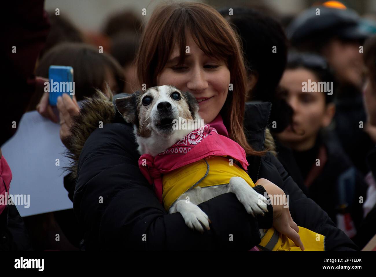 Rom, Italien. 08. März 2023. Während des frauenmarschs zum Internationalen Frauentag in Rom wird ein Demonstrante gesehen, der einen Hund hält. Die Menschen zeigten Plakate und Banner, die Frauenrechte forderten und unterstützten. Kredit: Vincenzo Nuzzolese/Alamy Live News Stockfoto