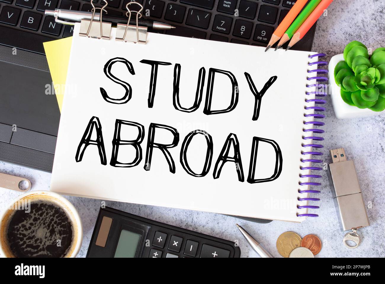 Der Text Study Abroad erscheint hinter zerrissenem braunem Papier. Stockfoto