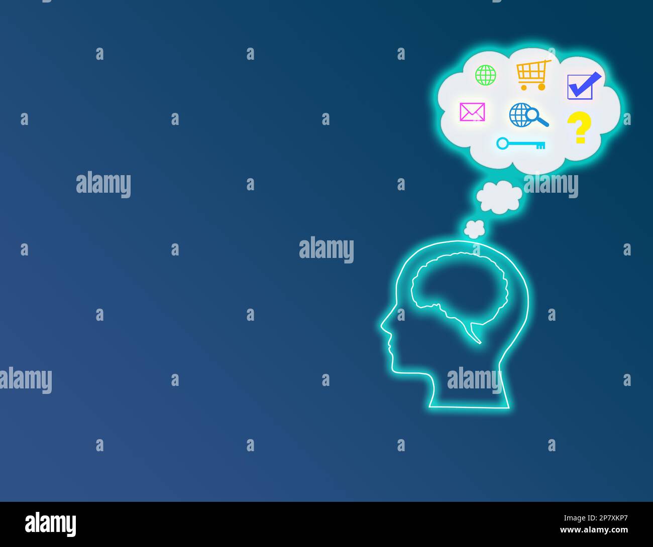 Der digitale Kopf mit dem Gehirn, oben ist eine Cloud mit Icon Internetsicherheit, Online-Shopping, Senden einer Nachricht Stockfoto