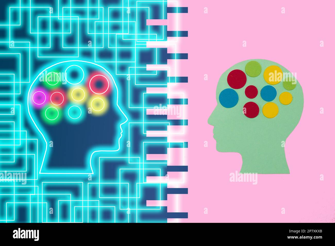 Kreatives Kunst digitales Design, rechte Hälfte KI kreatives Kunst Design, linke Hälfte KI Technologie Design Stockfoto