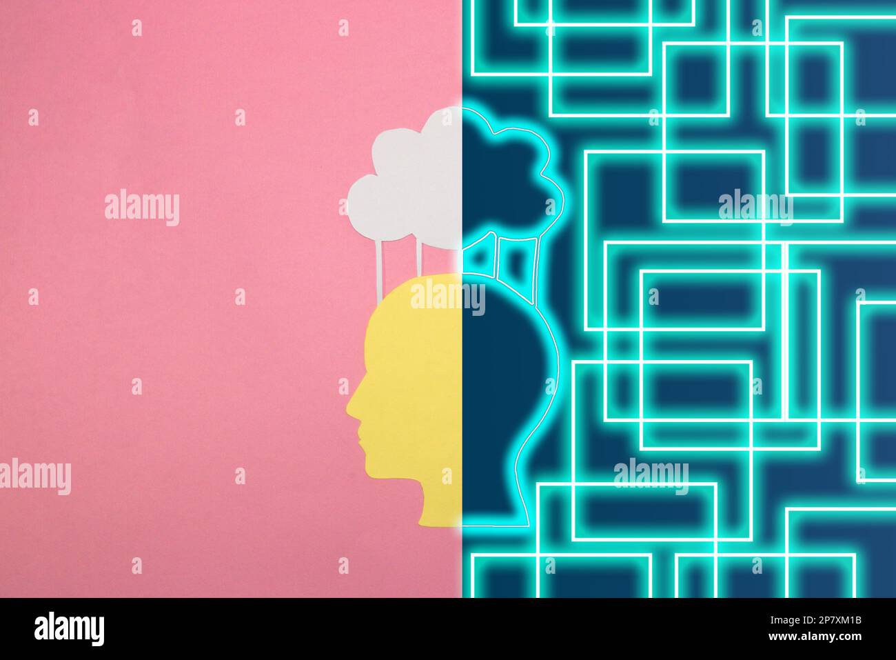 Kreatives Kunstdesign in der linken Hälfte des Hintergrunds, kreatives digitales Design auf der rechten Seite des Hintergrunds, Daten werden mit künstlichem Intellekt hochgeladen Stockfoto