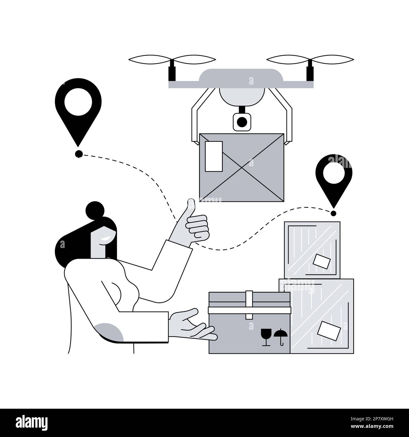 Autonome Lieferung abstrakte Konzept Vektor-Illustration. Drohnenlieferung, kein menschlicher Kontakt, automatisierter Kurierdienst, autonomer Roboter, selbstfahrendes Fahrzeug, Ohne Kurier abstrakte Metapher. Stock Vektor