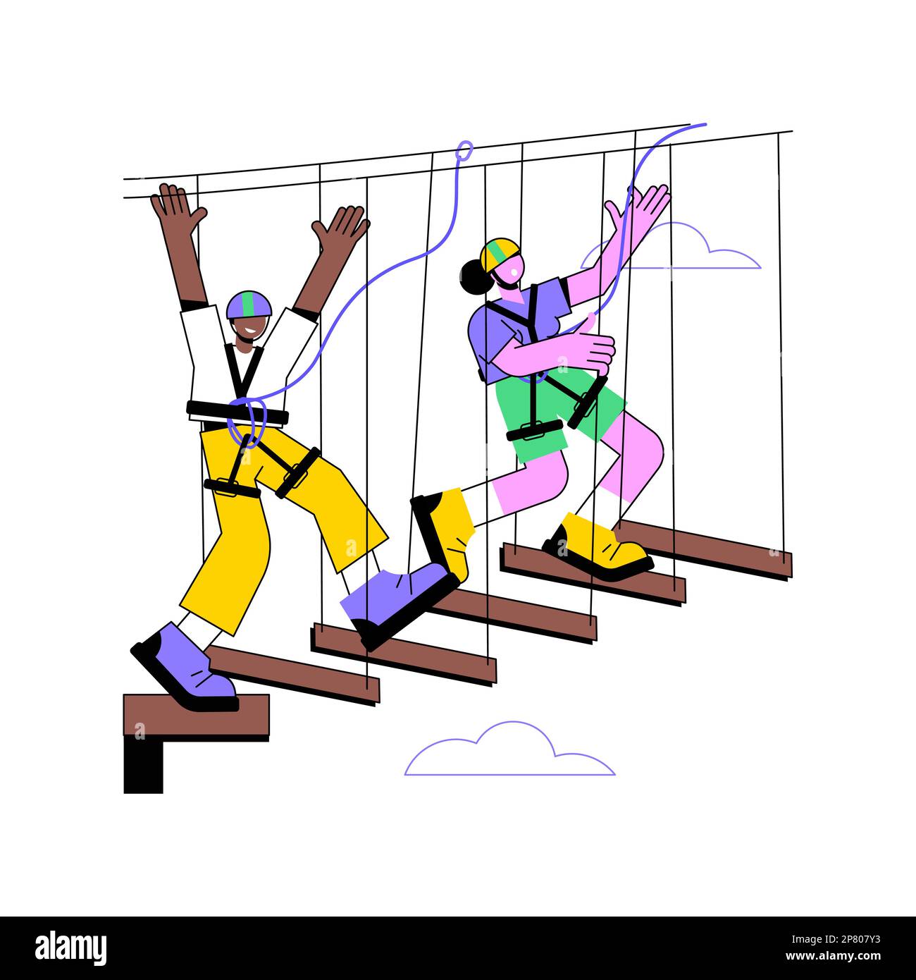 Hindernislauf isolierte Cartoon-Vektordarstellungen. Paare überwinden Hindernisse mit spezieller Ausrüstung, aktivem Lifestyle, Kletterseilen im Park, Freizeit im Freien Vektorfilm. Stock Vektor