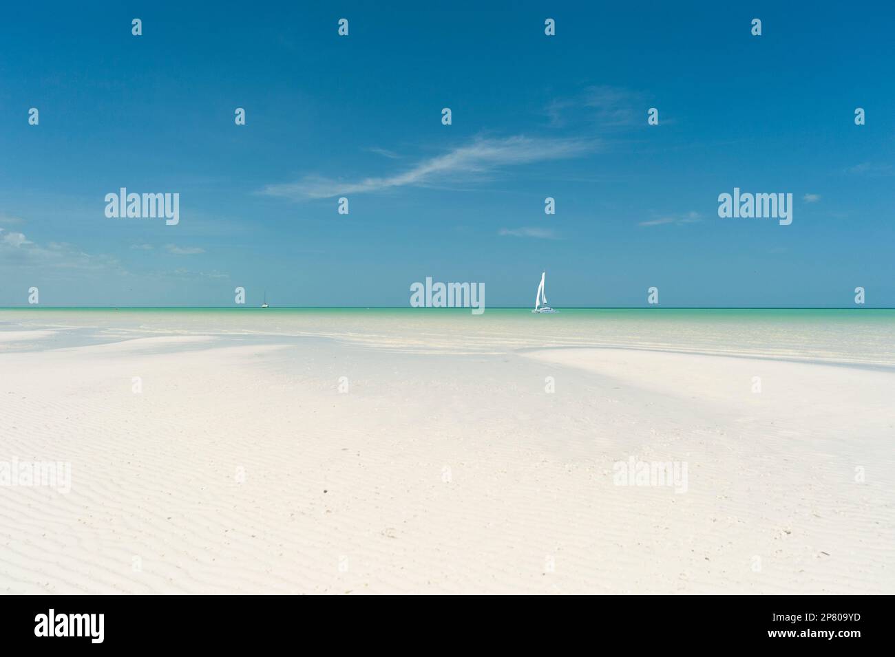 Der Katamaran liegt in der Nähe eines Strandes auf einer tropischen Insel in Mexiko. Exotisches Reisekonzept Stockfoto