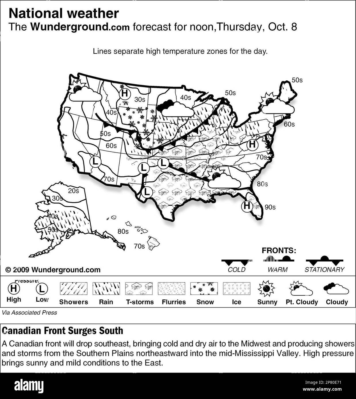 A Canadian front will drop southeast, bringing cold and dry air to the Midwest and producing showers and storms from the Southern Plains northeastward into the mid-Mississippi Valley. High pressure brings sunny and mild conditions to the East. Stockfoto