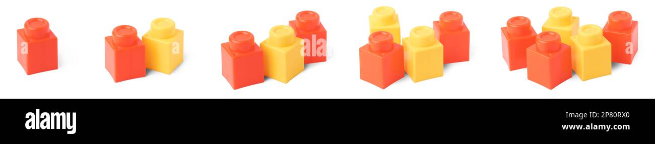 Spielzeugblöcke für Kinder, die die Zahlen 1 bis 5 zählen, auch Bausteine genannt, miteinander verbundene Plastiksteine leistungsstarke Lernwerkzeuge für Babys und Kinder, isoliert Stockfoto