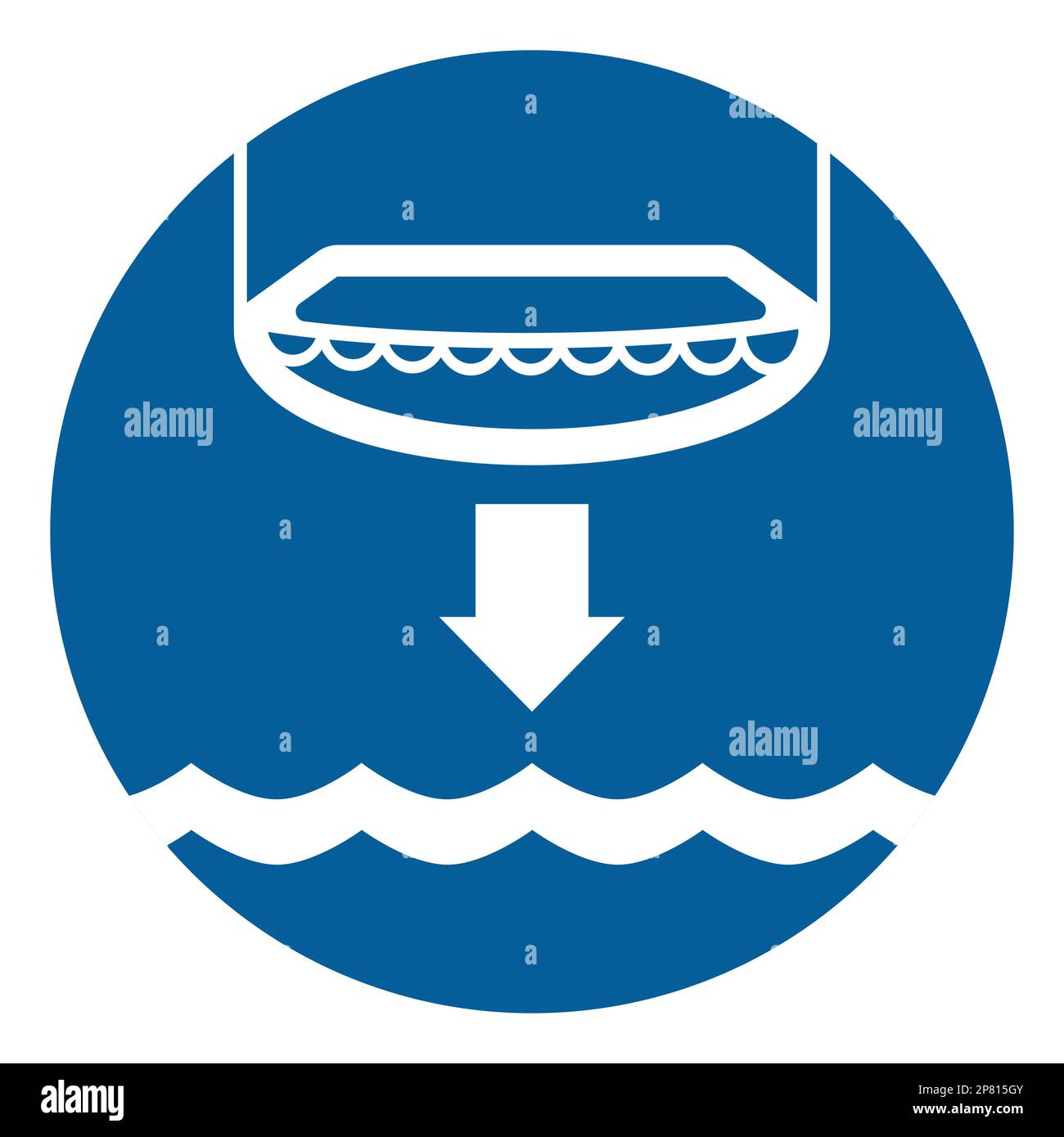 Schild der Internationalen Seeschifffahrtsorganisation (IMO), Illustration. Rettungsboot auf Wasser absenken Stockfoto