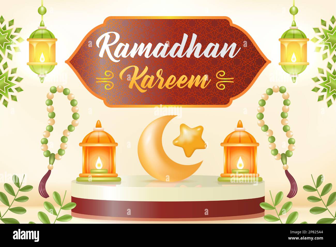 Ramadan-Karäem. 3D Abbildung einer Moschee, einer Lampe, einer Trommel, eines Podiums und eines betenden Mannes Stock Vektor