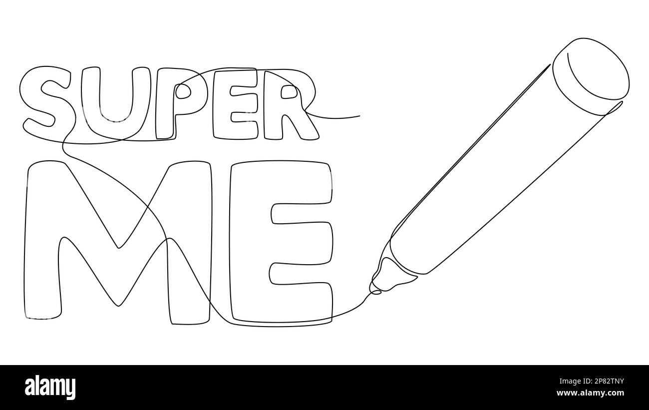 Eine durchgehende Zeile „Super ME“-Text, geschrieben mit einem Bleistift und Filzstift. Vektorkonzept zur Darstellung dünner Linien. Kontur Zeichnen kreativer Ideen. Stock Vektor