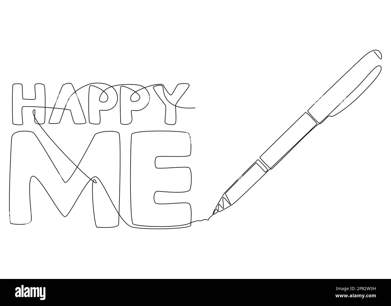 Eine durchgehende Zeile „Happy Me“-Text, geschrieben mit einem Bleistift und Filzstift. Vektorkonzept zur Darstellung dünner Linien. Kontur Zeichnen kreativer Ideen. Stock Vektor