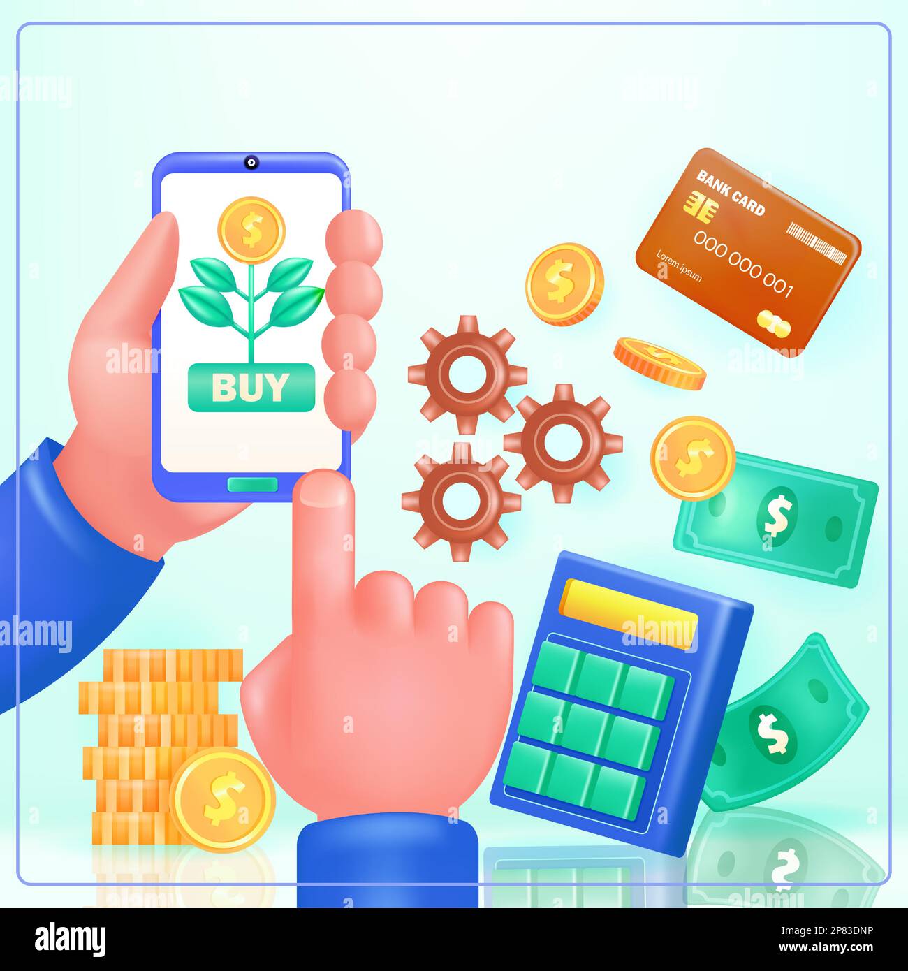 Finanzielle 3D-Vektordarstellung einer Hand mit Smartphone, Shopping, Kreditkarte, Taschenrechner und Geld Stock Vektor