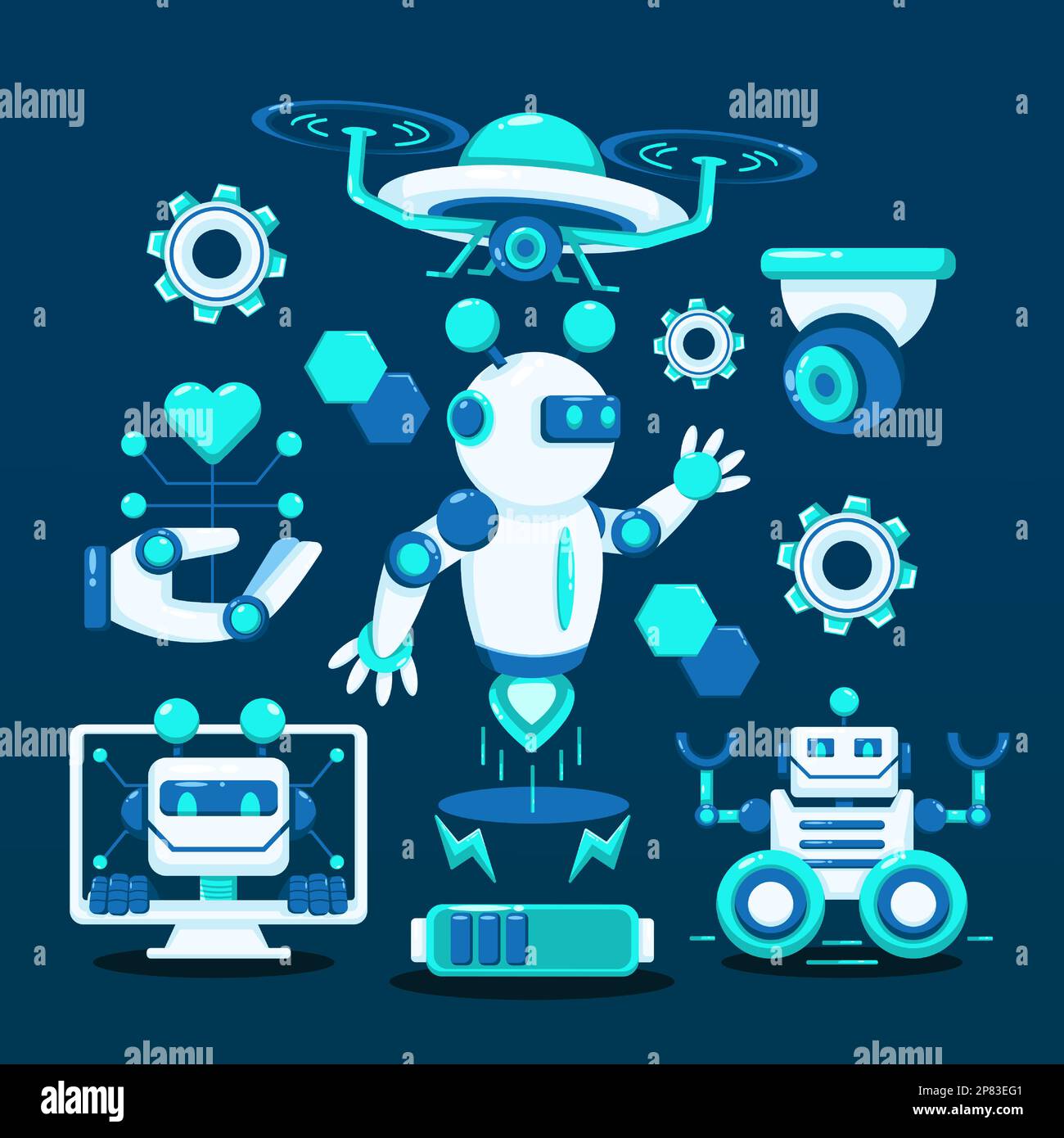 Roboter-Technologie-Vektoren. Fliegende Roboter, Roboter mit Rädern, digitale Roboter, Drohnen und Batterie Stock Vektor