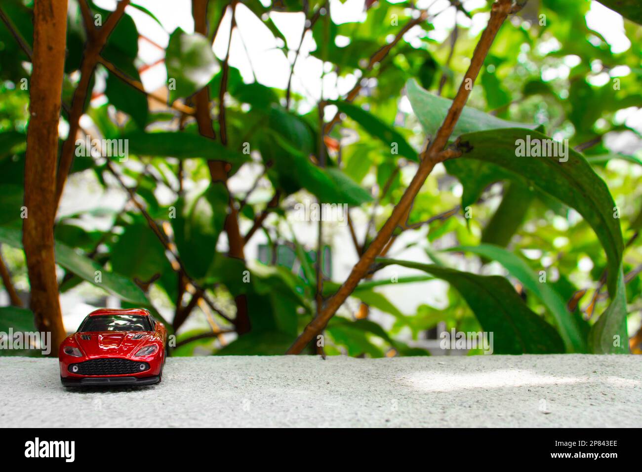 Ein Foto eines roten Spielzeugautos, nach einigen Änderungen. Konzept für Naturabenteuer. Stockfoto