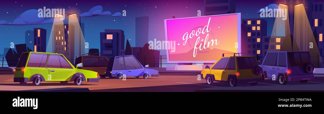 Drive-in-Kino-Leinwand im Freien bei Nacht. Ein Film im Auto auf einer Vektordarstellung für einen Parkplatz-Cartoon. Retro-Szene mit Open-Air-Filmfestival. Unterhaltung im Freien für Automobile, um die Aufführung zu sehen. Stock Vektor