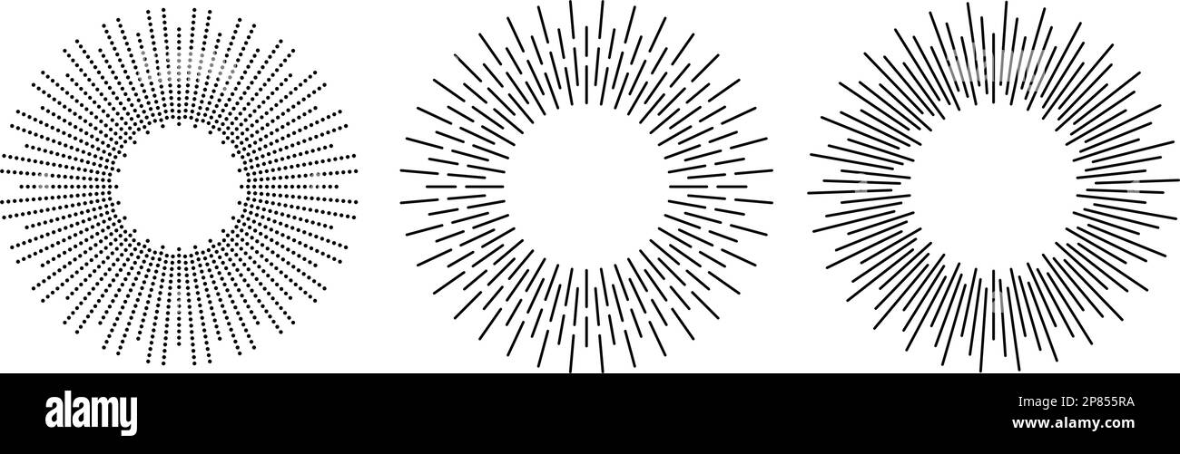 Sunburst-Rahmen eingestellt. Elementsammlung für Retro-Sonnenlicht. Retro-Radialstrahlen, Sonnenstrahlen, Feuerwerk, Explosion für Emblem, Logo, Tag, Stempel, Banner. Vektorkonstruktionselemente Stock Vektor