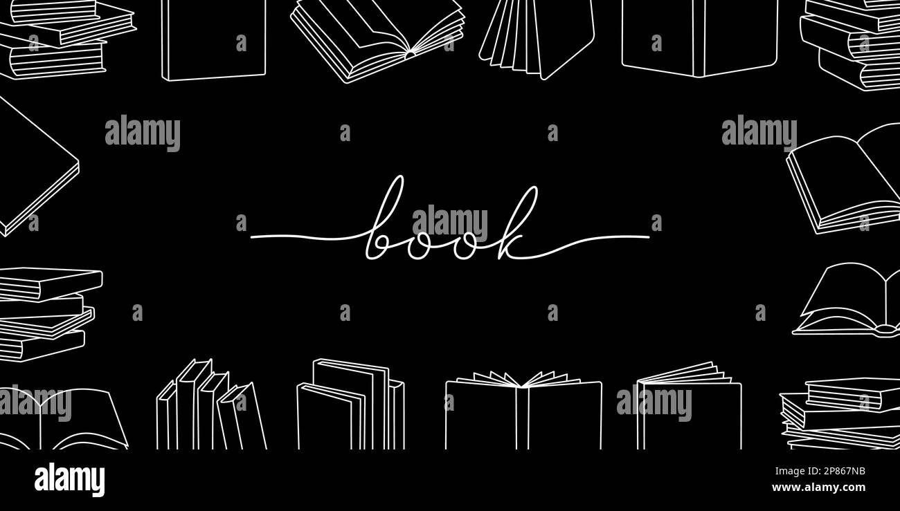 Horizontale Gliederungsbanner für Bücher. Linienhintergrund für geschlossene und offene Bücher. Buchladen, Bibliothek, Buchladen Illustration. Literatur, Wörterbücher, Planer Stock Vektor
